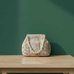 Elegant Handcrafted Evening Clutch Bag with <b>Beaded</b> <b>Mirror</b> Work Satin Lining Elegant Flap Pattern for Parties and Events - Product Image 3
