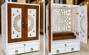 Modern Teak Wood <b>Mandir</b>/Altar For Home Modern Home Temple With OM Design Customised Temples With Storage Cabinets USA - Product Image 4