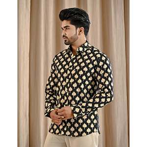 Chemise décontractée noire 100 % coton imprimée avec col mandarin, manches longues, tissu popeline, style smart décontracté, respirante et tendance - Product Image 5
