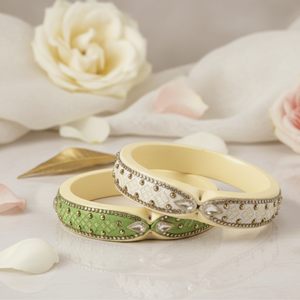 Set of 2 Green & Off-White Embellished Lac Cuff <b>Bracelets</b> Fashion Bangles - Product Image 4