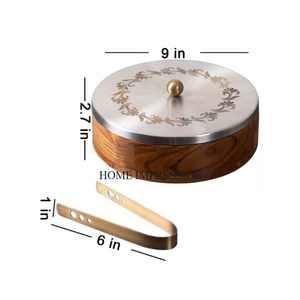 ภาชนะใส่ชาปาติทำจากไม้ทรงกลมสีเงินโลหะดูดีมีเอกลักษณ์พร้อมที่หนีบ - Product Image 1
