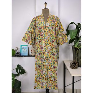 Kimono en coton style bohème, imprimé à la main indien, motif floral rose et jaune, léger, robe de luxe d'été pour la plage et les vacances, 1 pièce - Product Image 6