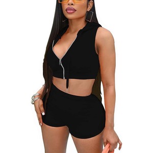 <b>Top</b> Trending Women's 2 Piece Tracksuits Casual Sleeveless Zip up Custom Drawstring Hoodie Elastic Waist Hoodie and Shorts Set - Product Image 1