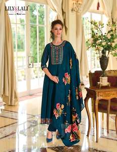 Beautiful Ethnic Clothing Most Trending High on Demand Vichitra Silk Kurti Pant & Dupatta With Embroidery and Hand Work for Sale - Product Image 5