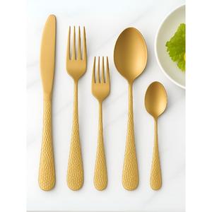 Mango de diseño martillado, cubiertos de acero inoxidable chapados en Color dorado, cubiertos aptos para lavavajillas para el hogar, restaurante, Hotel, uso, juego de 5 - Product Image 1