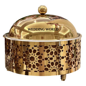 Chauffe-plat de luxe en métal doré avec dôme intérieur en bois, forme ronde, en acier inoxydable, design élégant - Product Image 6