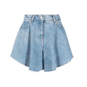Washed denim light blue cotton women flared cuffs girls skirts shorts two rear patch pockets ladies belt loops shorts jeans