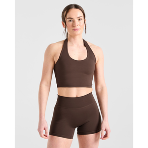 New Custom Logo <b>Brown</b> <b>Women's</b> Halternack Crop <b>Top</b> Stretchy And Buttery Soft Lightweight Fitness Workout Crop <b>Top</b> Tees for <b>Women</b> - Product Image 1