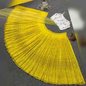 มาใหม่ Georgette ประดับด้วยชิมเมอร์ที่สวยงามเทียม Georgette ลําดับงานเย็บปักถักร้อยเลฮงก้าชอลีกับดูปัทต้า - Product Image 4