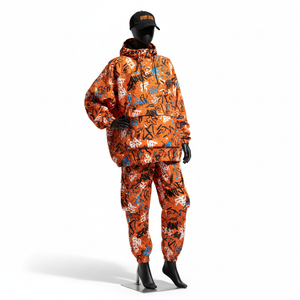 Ensemble coupe-vent pour femmes, polyester léger tissé GSM respirant, imprimé orange sur toute la surface, veste et pantalon, ensemble coupe-vent grande taille - Product Image 1