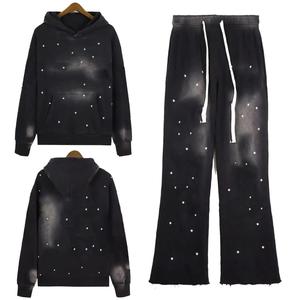 Sweat à capuche coupe ample et pantalon bas évasé survêtements en strass unisexe hommes partout pierres précieuses 100% coton épais survêtements OEM - Product Image 3