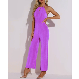 Boho Sleeveless Jumpsuit <b>Halter</b> Neck Belted Slit Wide Leg Jumpsuit - Product Image 2