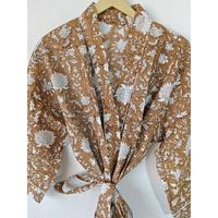 Gaun Tidur Kimono Maxi Unisex Bermotif Bunga India, Bahan Katun 100%, Kerah V, Tali Serut, Cocok untuk Rumah dan Hotel