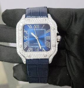Montre de luxe pour homme en acier inoxydable, cadran bleu, diamants en moissanite glacés, boîtier carré, mouvement mécanique Miyota, bracelet en caoutchouc, style hip-hop élégant - Product Image 1
