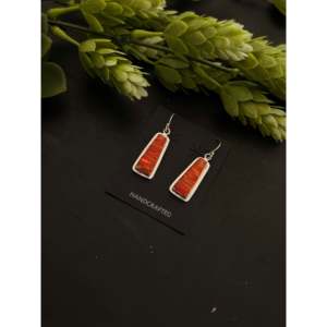 Navajo Handmade Orange <b>Opal</b> & Sterling Silver Drop <b>Earrings</b> Geometric Dangle Design - Product Image 3
