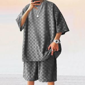 2025 surdimensionné hommes sports d'été loisirs deux pièces ensemble nouvelle marque de mode échiquier Plaid ample décontracté tricoté respirant - Product Image 3