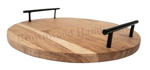 Stylish Burnt Natural Finished Round Handmade Mango Wood Serving Tray with Metal Handles for Kitchen Use and Home Decor Display - Product Image 6