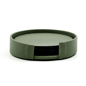 Dessous de verre en cuir vert avec couvercle de support Ensemble de 5 accessoires de décoration de table de forme ronde Dessous de verre en cuir à vendre - Product Image 4