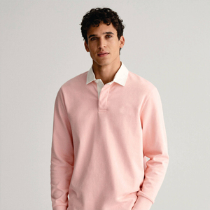 <b>Pink</b> Unisex Heavyweight Rugby Long Sleeve Cotton <b>Shirt</b> with Stripes Contrast Collar and Personalized Logo Embroidery - Product Image 2