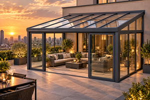 Pérgola Moderna de Aluminio Negro WISE COMPANY con Techo Fijo de Vidrio Templado Transparente, Estructura con Recubrimiento en Polvo, Ecológica y de Lujo - Product Image 5