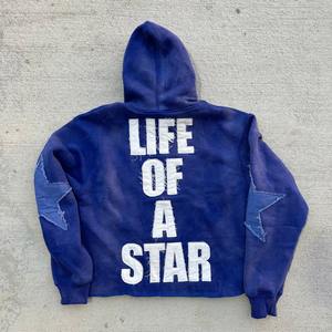 Sweat à capuche surdimensionné en coton mélangé, style streetwear, délavé au soleil, effet usé, fermeture éclair, poche brodée personnalisée, sweat à capuche pour homme - Product Image 4