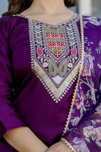 Shop Now Most Beautiful Purple Color Heavy Embroidery Neck Design Straight Cut Border Fancy Cotton <b>Kurti</b> &Pent With Dupatta Set - Product Image 3