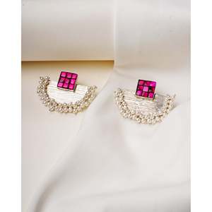 Pendientes de Plata 925 con Fusión de Plata y Kundan Rosa, Joyería Elegante con Perlas - Product Image 1