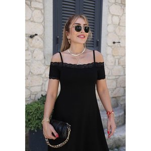 Robe mi-longue en viscose pour femme, à bretelles, manches courtes, col avec détails en dentelle, 37092 - Noir - Product Image 2