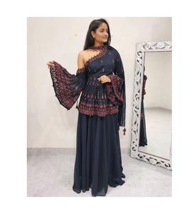 Latest Indian Embroidered Sharara Gharara <b>Kurti</b> Set, Georgette Fabric, Gorgeous Pakistani Designer Customize Ethnic Wear 3 Pcs - Product Image 1