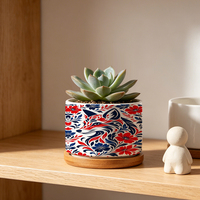 Petit pot de fleurs en céramique à motif renard, pour plantes succulentes et cactus d'intérieur, avec soucoupe en bambou, pour la décoration de jardin et de maison