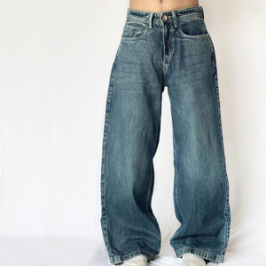 Jean en denim délavé taille haute à jambe large, coupe ample en coton, style décontracté, tissu mi-lourd, idéal pour l'automne - Product Image 1