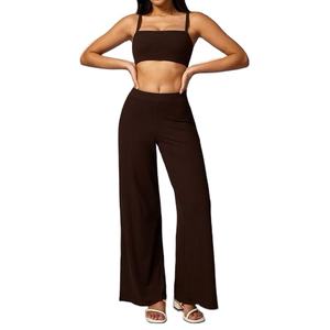 Conjunto Deportivo de Yoga para Mujer, Estilo Urbano, Cuello Cuadrado, Transpirable, Verano, Pierna Ancha, Cintura Elástica, Felpa, para Gimnasio - Product Image 5