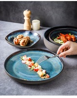 Service de vaisselle rétro en céramique et porcelaine émaillée, motif galaxie bleu unique, résistant, écologique, sans BPA, compatible four