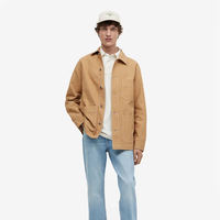 Grosir 2023 pria kedatangan jaket Denim pria dasar warna Tan dengan kerah lipat dan penutup kancing