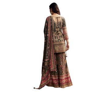 Abito Sharara stampato verde scuro con Dupatta per abiti da sposa tradizionali e confortevole abbigliamento da Festival indiano - Product Image 5