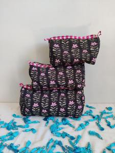 Bestseller Eco-Friendly Vintage <b>Large</b> Floral Handmade Black Cotton Block Print Cosmetic <b>Bag</b> with Zipper for Case - Product Image 3