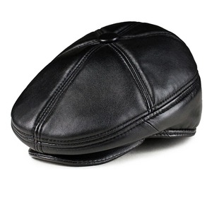 Black Natural Sheepskin Leather Unisex Casual <b>Beret</b> Cabbie Flat <b>Hat</b>-Thick Warm Four Seasons - Product Image 1