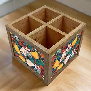 Porte-cuillères en bois rustique imprimé avec un motif floral traditionnel, porte-cuillères en bois imprimé écologique pour ustensiles de cuisine - Product Image 3