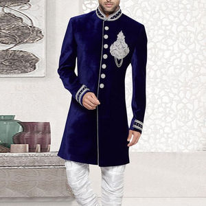 2022 nueva tela de terciopelo transpirable Sherwani azul real de talla grande con hermosos zapatos bordados a juego para fiestas de boda - Product Image 1