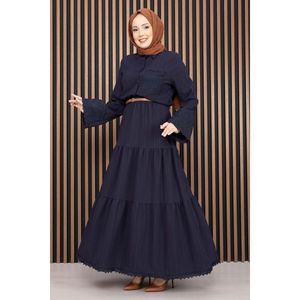 Ensemble décontracté deux pièces bleu marine pour femme : chemise et jupe à bordure dentelle, design short deux pièces - Product Image 3