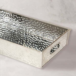 Gran oferta, bandeja martillada de aluminio plateado rectangular baja para restaurante, Hotel, uso doméstico, decoración de boda, patrón redondo de Metal India - Product Image 4