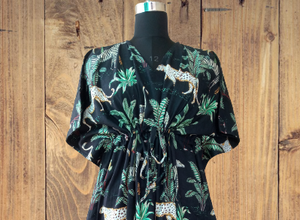 Kaftán Largo de Algodón Puro para Mujer, Cuello en V, Estampado de Jungla Negro, Ropa de Dormir Transpirable para Uso Durante Todo el Año, Verano e Invierno - Product Image 2