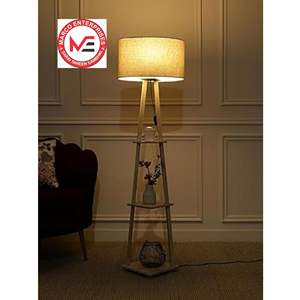 Lampe sur pied en bois de style vintage, magnifique, avec abat-jour en tissu blanc, trépied, style contemporain, vente en gros - Product Image 1