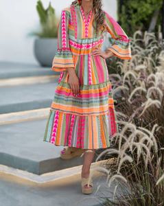 Vestido Midi Boho con Cuello en V y Mangas Farol, Estampado Geométrico, Dobladillo con Volantes, Corte Holgado, Vestido Casual de Verano, Color Caramelo, Tejido de Tela - Product Image 3