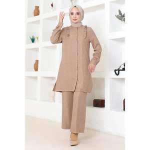 MSW19224-4 Conjunto de Dos Piezas Color Taupe con Detalle de Volantes, Estilo Casual Diario, Top y Pantalones Midi, Estampado Sólido, Tejido de Algodón, ODM, Uso Diario - Product Image 1