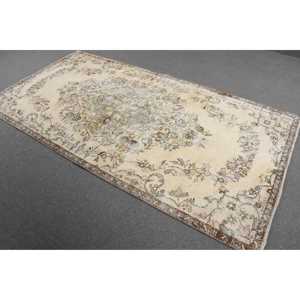 Vintage Turkish Rug, 4.4x8.5 ft Area Rug, White <b>Brown</b> Striped Rug - Product Image 2