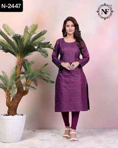 Las últimas mujeres usan Chikankari Work Ready to Wear Premium Slub Cotton Kurtis con tallas grandes disponibles Vestidos y trajes indios - Product Image 3