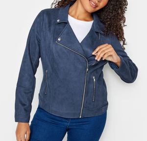 Women's Navy Blue Suede Moto <b>Jacket</b> <b>With</b> <b>Zipper</b> Closure And Side <b>Pockets</b> Regular Fit Autumn Style - Product Image 1
