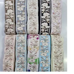 Encajes de trabajo de hilo bordado floral hechos a medida, opciones multicolor en ancho de 1,5 pulgadas para vestidos de boda