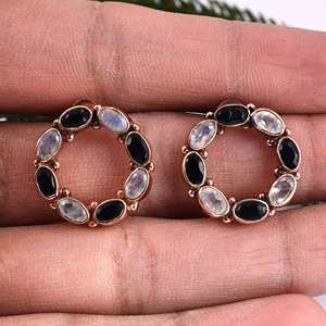 Colección de pendientes de plata de ley 925, piedra lunar de ónix negro Natural, Perla de compromiso de flor personalizada religiosa Floral Unisex - Product Image 4